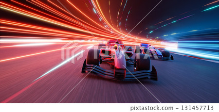 3d rendering racing cars racing on futuristic illuminated track at night 131457713