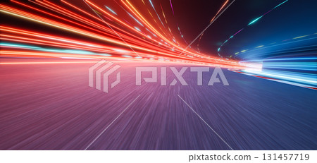 3d rendering racing track with light trails at night showing speed and competition 131457719