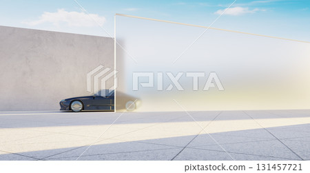 3d rendering futuristic car emerging from frosted glass wall in minimalist setting 131457721