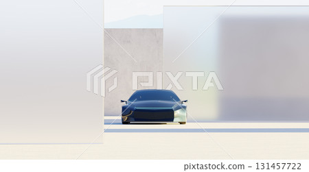 3d rendering futuristic autonomous electric car parked in modern minimalist garage setting 131457722