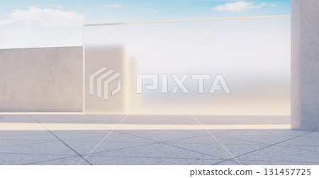 3d rendering modern minimalist building exterior with frosted glass and concrete walls under blue sky 3d rendering modern minimalist building exterior with frosted glass and concrete walls under blue sky 131457725