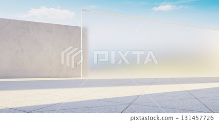 3d rendering modern empty showroom with concrete and glass walls displaying products under blue sky 3d rendering modern empty showroom with concrete and glass walls displaying products under blue sky 131457726