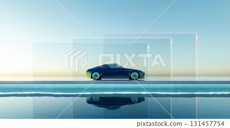 3d rendering futuristic car parked by infinity pool with glass walls and neon lights 131457754
