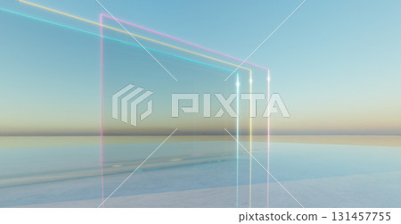 3d rendering glowing neon lights framing glass walls overlooking tranquil lake at sunset 131457755