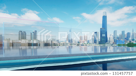 3d rendering infinity pool overlooking vibrant cityscape with glass wall and cement floor 131457757