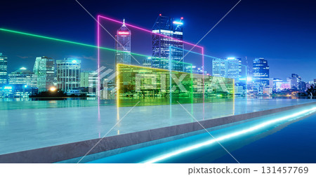 3d rendering perth smart city at night with neon data frames 131457769