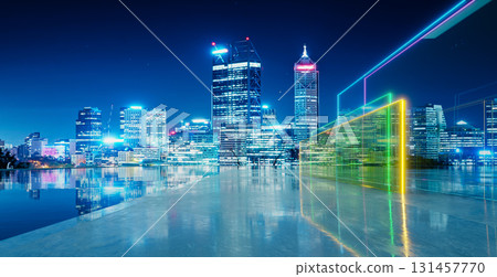 3d rendering perth city skyline at night with futuristic network lines 131457770
