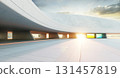 3d rendering futuristic concrete building with colorful windows at sunset 131457819