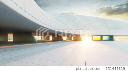 3d rendering futuristic concrete building with colorful windows at sunset 131457819