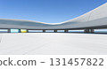 3d rendering futuristic concrete building overlooking tranquil ocean under clear sky 131457822