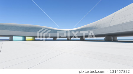 3d rendering futuristic concrete building overlooking tranquil ocean under clear sky 131457822