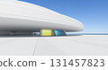 3d rendering modern white concrete building with colorful windows overlooking the sea 131457823