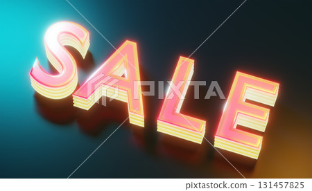 3d renndering glassy pink and yellow layered sale sign shining on reflective surface 131457825