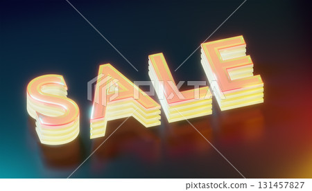 3d renndering glassy pink and yellow layered sale sign shining on reflective surface 131457827