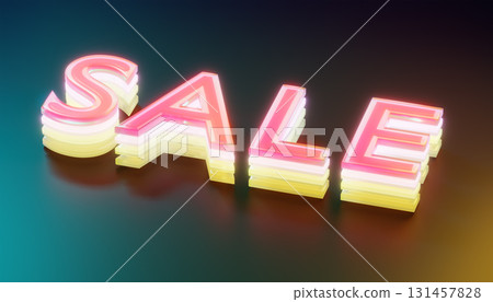 3d renndering glassy pink and yellow layered sale sign shining on reflective surface 131457828