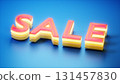 3d rendering glowing red and yellow layered sale sign on blue background 131457830