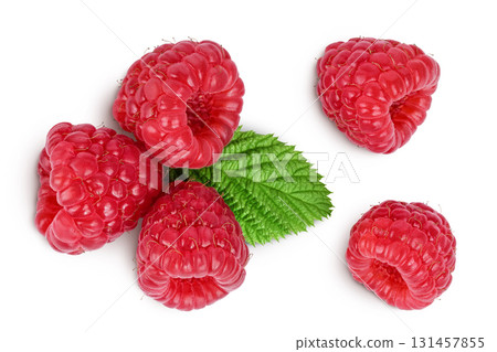 Ripe raspberries with leaf isolated on a white background. Top view. Flat lay Ripe raspberries with leaf isolated on a white background. Top view. Flat lay 131457855