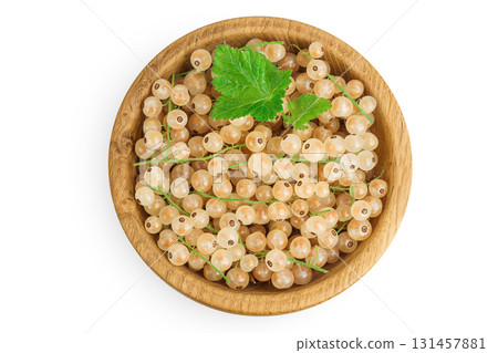white or yellow currant in wooden bowl isolated on white background. Top view. Flat lay 131457881