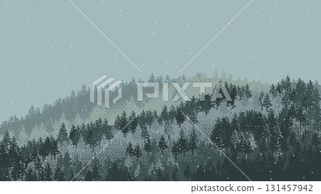 Pixel art snowy forest landscape with falling snow. Winter vector illustration. Pixel art snowy forest landscape with falling snow. Winter vector illustration. 131457942