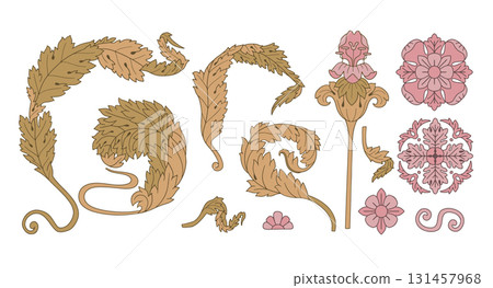 Art nouveau acanthus leaves hand drawn floral set muted colors. Vintage organic botanical design element vector illustration bundle. Classic foliage deco style decorative clipart 131457968