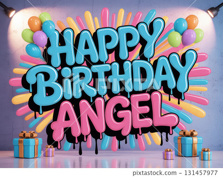 Colorful Happy Birthday Angel poster with balloons and gifts. Festive party decoration background 131457977