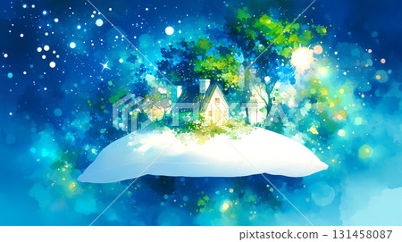 一幅童話般的插圖，描繪的是星空下白色枕頭上的草地和房屋 131458087