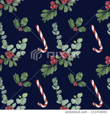 Merry Christmas Happy New Year seamless watercolor pattern with candy cane, candle  131458091