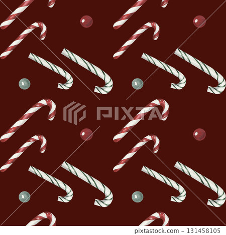 Merry Christmas Happy New Year seamless watercolor pattern with candy cane, candle  131458105