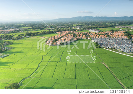 Land plot in aerial view and concept of real estate or property. Land plot in aerial view and concept of real estate or property. 131458144