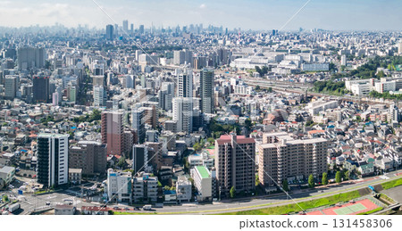 Aerial view of Tokyo, taken from above the Arakawa River or towards Akabane 131458306