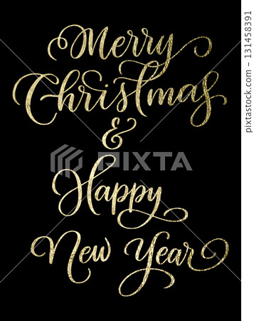 Golden Christmas and New Year lettering on black background. Elegant festive design for greeting cards, posters, invitations, and holiday templates. Vector Golden Christmas and New Year lettering on black background. Elegant festive design for greeting cards, posters, invitations, and holiday templates. Vector 131458391