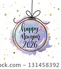 Vector elegant New Year 2026 greeting card with watercolor ornament, golden stars, and festive calligraphy. Perfect for invitations, poster 131458392