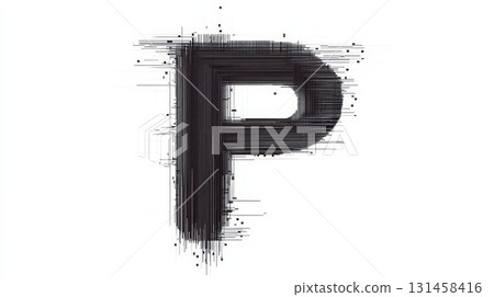 A stylized representation of the letter P is created using thin lines in a glitchy, serious hacker font, showcasing a contemporary artistic approach A stylized representation of the letter P is created using thin lines in a glitchy, serious hacker font, showcasing a contemporary artistic approach 131458416