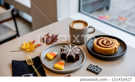 Cozy autumn cafe scene with Halloween desserts, cup of latte on the table with fall leaves 131458427