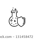 Proof chemical resistant icon, flask with shield, protection against chemistry, safety laboratory experiment, toxic defense, linear sign isolated on white background - editable vector illustration 131458472