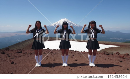 三位身穿水手服的亞洲女性以富士山為背景拍攝的同步照片 131458624
