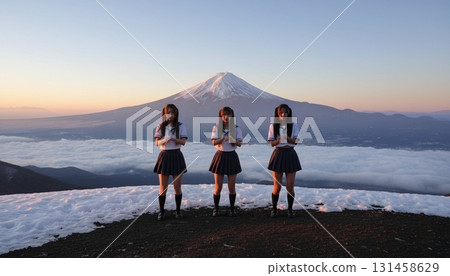 三位身穿水手服的亞洲女性以富士山為背景拍攝的同步照片 131458629