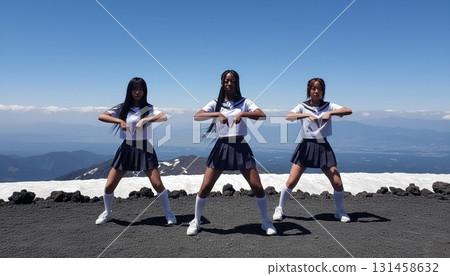 三位身穿水手服的亞洲女性以富士山為背景拍攝的同步照片 131458632