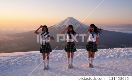 三位身穿水手服的亞洲女性以富士山為背景拍攝的同步照片 131458635