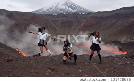 三位身穿水手服的亞洲女性以富士山為背景拍攝的同步照片 131458686