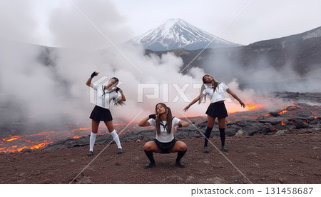 三位身穿水手服的亞洲女性以富士山為背景拍攝的同步照片 131458687