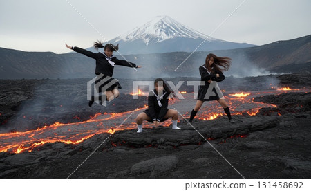 三位身穿水手服的亞洲女性以富士山為背景拍攝的同步照片 131458692