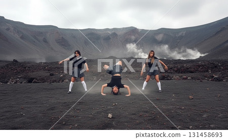 三位身穿水手服的亞洲女性以富士山為背景拍攝的同步照片 131458693