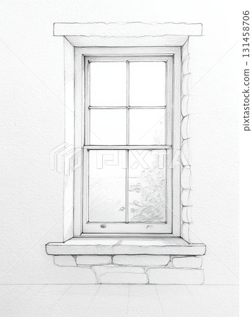 A detailed pencil sketch showcases a window with a stone frame against a bright white background, creating a serene atmosphere 131458706