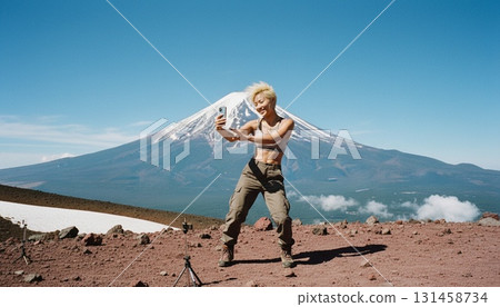 亞洲女性以富士山為背景的同步照片 131458734