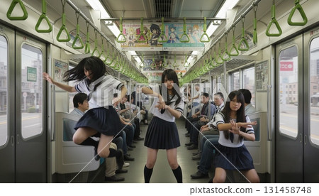 三名身穿水手服的亞洲女性以山手線為背景拍攝的同步照片 131458748