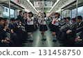 A synchronized photo of three Asian women in sailor uniforms posing with the Yamanote Line in the background 131458750