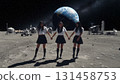 A synchronized photo of three Asian women in sailor suits posing with the Earth in the background 131458753