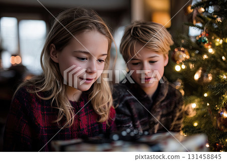 Children opening Christmas presents beside a real Christmas tree 131458845