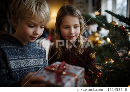 Children opening Christmas presents beside a real Christmas tree 131458846